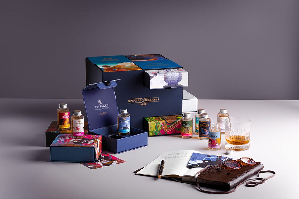 A luxury presentation box of eight whiskies photographed for Precious Media and Diageo.