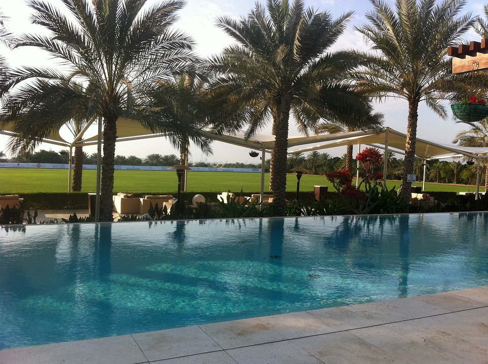 Desert Palm Dubai resort with view of a pool, palm trees and green ground.