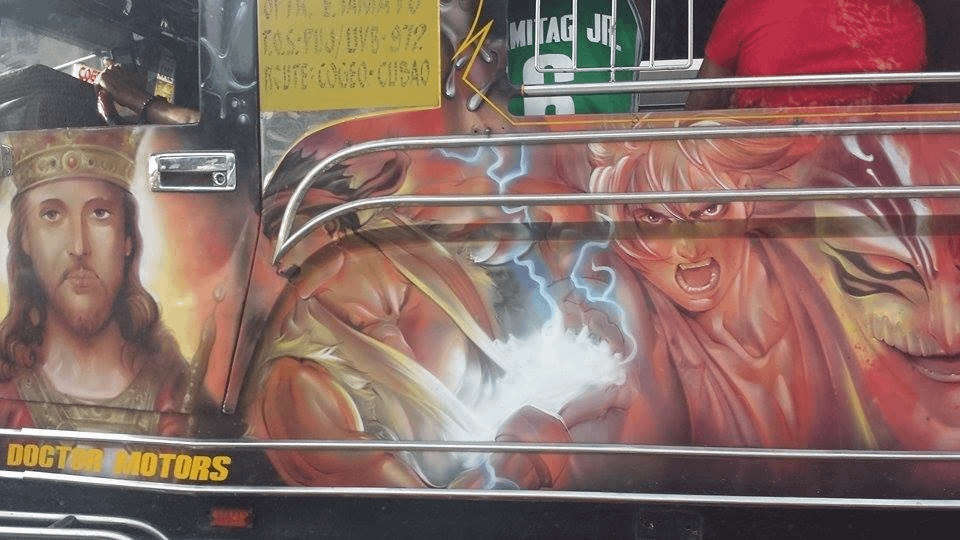 A jeepney painted with Jesus, Ryu and Ken from Street FIghter and Ichigo from Bleach