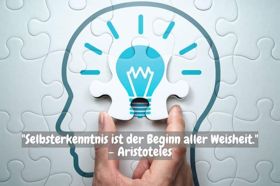 Eine Hand fügt das letzte Puzzleteil in ein Puzzle in Form eines menschlichen Kopfes ein. Das Puzzleteil zeigt eine Glühbirne, die für eine Idee steht. Unten im Bild befindet sich ein Zitat von Aristoteles auf Deutsch: