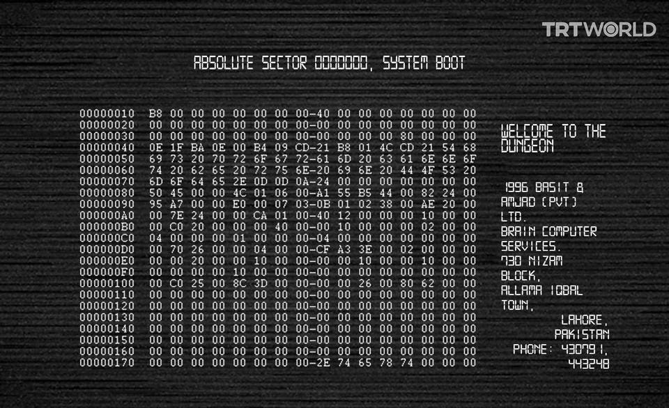 A computer infected by brain virus which has the contact details of the creators and their address