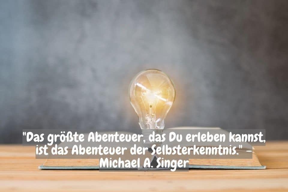 Eine Glühbirne steht auf einem aufgeschlagenen Buch auf einem Holztisch vor einem grauen Hintergrund. Unten im Bild befindet sich ein Zitat von Michael A. Singer auf Deutsch: