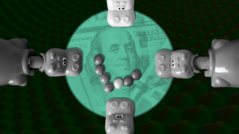 Image of the game Hungry Hungry Hippos superimposed over some money