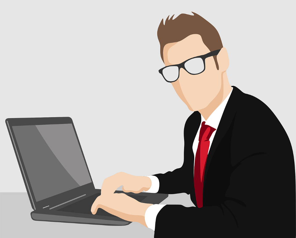 An illustration showing a man typing on a laptop, all while wearing a suit.