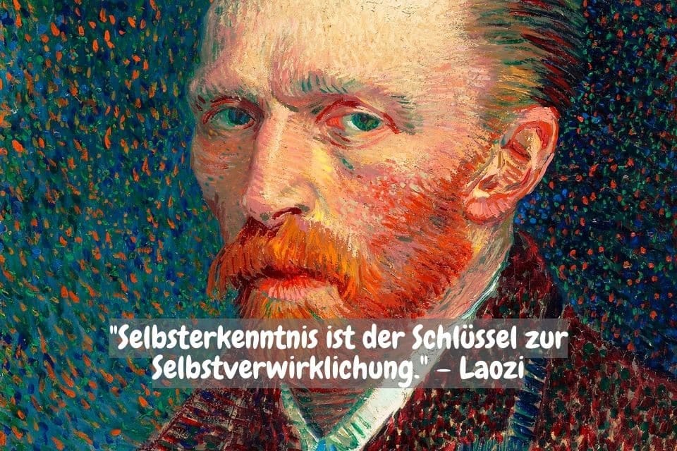 Ein Gemälde im Stil von Vincent van Gogh zeigt das Porträt eines Mannes mit rotem Bart und melancholischem Ausdruck. Der Hintergrund ist bunt und texturiert. Unten im Bild befindet sich ein Zitat von Laozi auf Deutsch: