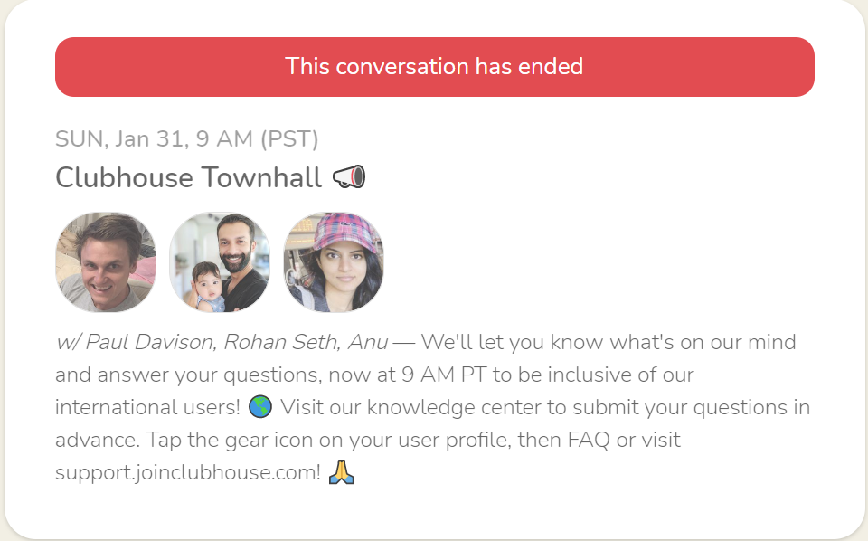 Screenshot of Clubhouse Townhall, Jan 31 9AM PST