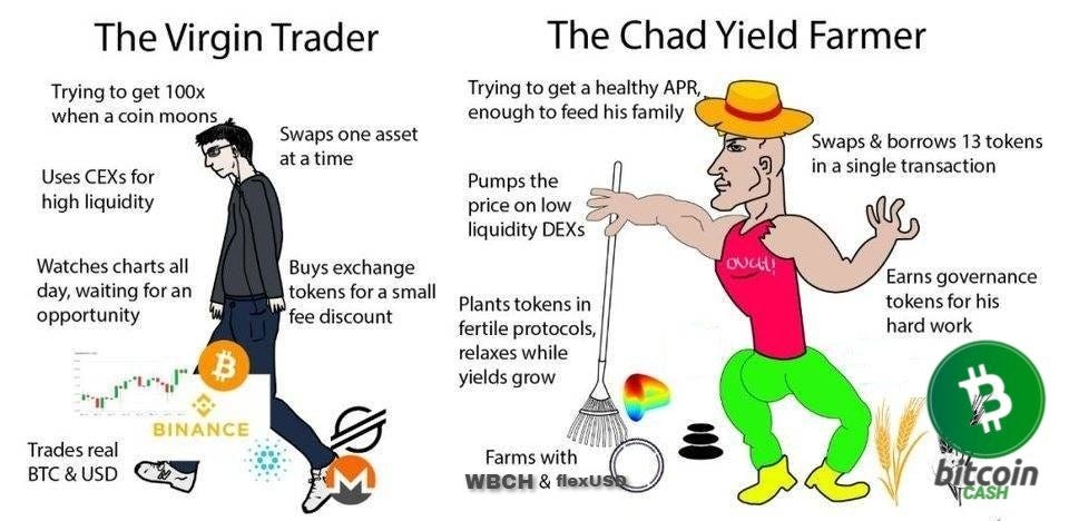 An image of a popular online meme containing differences between two classes of investors: a) the “Virgin” investor that waits for the price to rise and b) the “Chad” investor that puts his coins into use (yield farming) with DeFi.