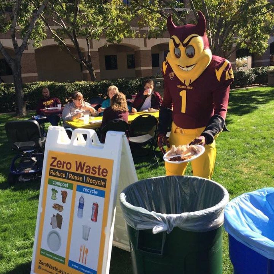 Sparky properly diverts waste via Zero Waste ASU Instagram (from @zerowasteasu).