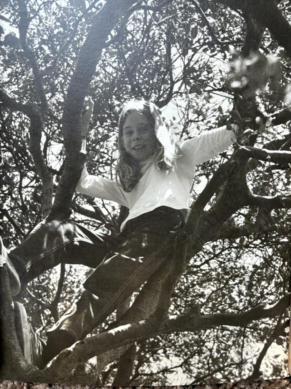 Black and white photo of Tara Brown as a young child climbing a tree.