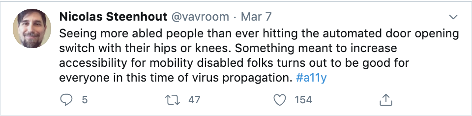 Nicolaus Steenhout’s tweet about people using automated door opening with hips or knees to protect against the virus.