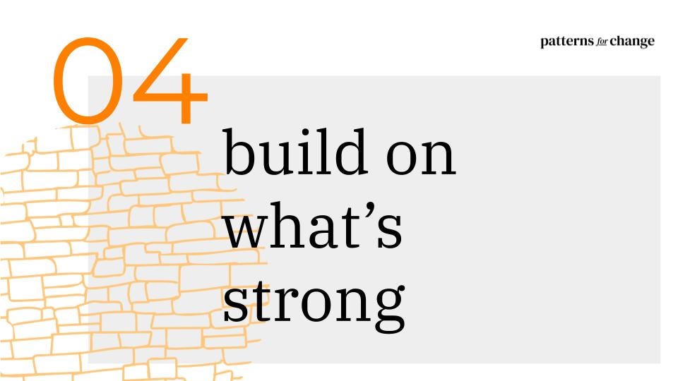 Patterns for Change behaviour 4: Build on what’s strong. Black copy on a grey background with an orange circle that has a cell or brick like structure inside.