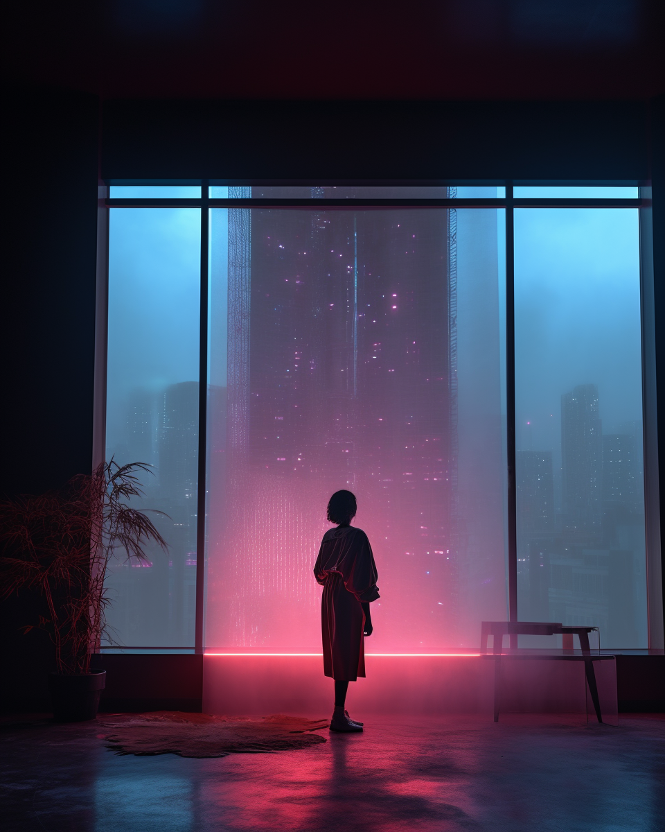 A person standing in a room with a large window, cgsociety, neon light and space, vray tracing, volumetric lighting, ray tracing, moody, misty, cinematic lighting, 4K, photorealistic, ultra realistic, shot on canon eos r6 mark II, Lens 50mm, f/ 2. 8 (by YannickM)