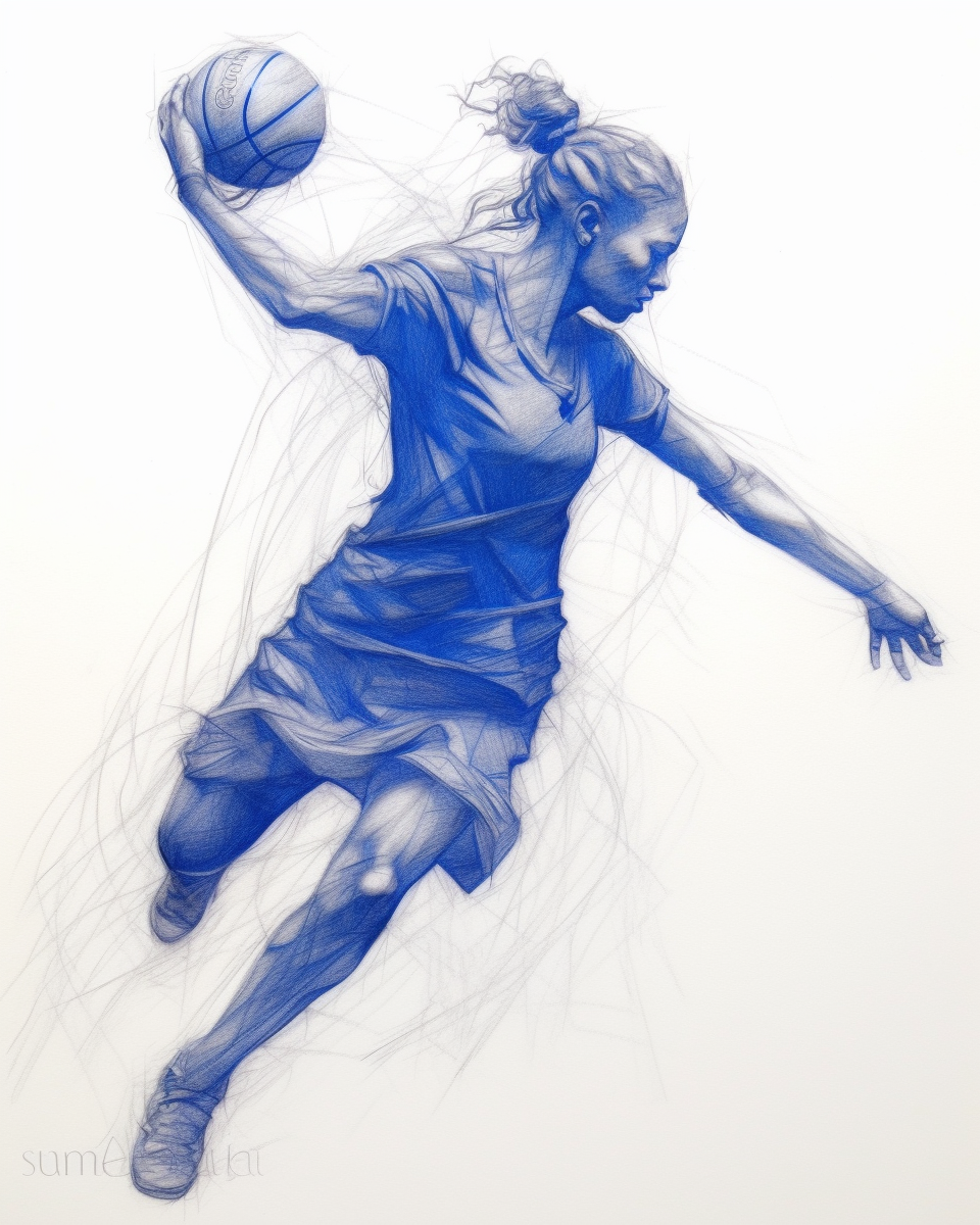 AI generated ballpoint sketch of a basketball player throwing the ball.