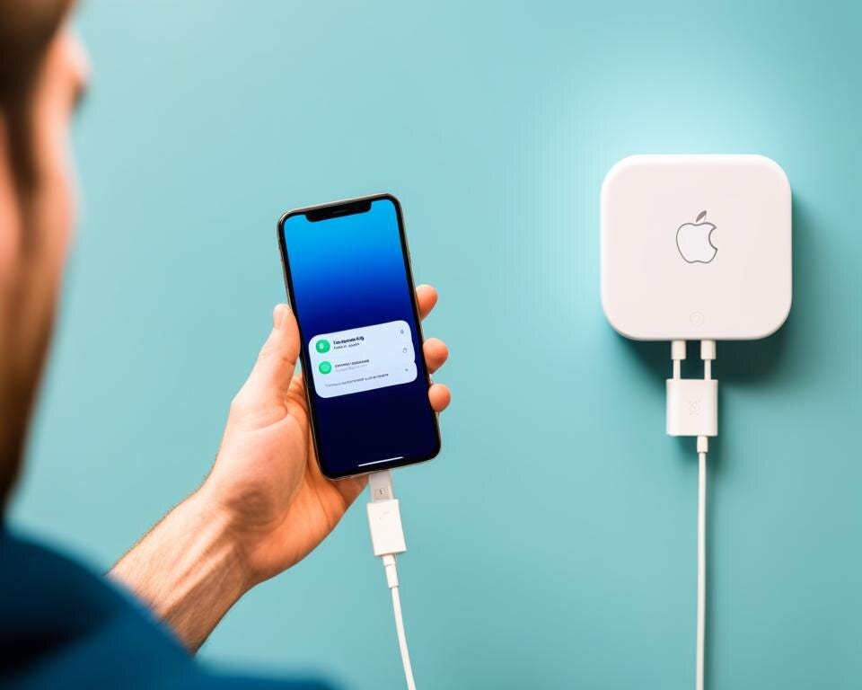 A person charging their iphone with a wall plug.