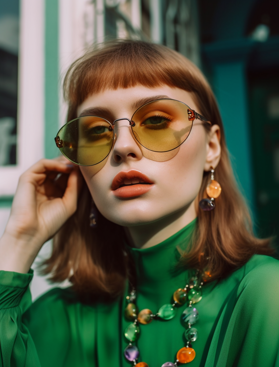 Close-up AI-generated image of a woman with sunglasses, coral eye makeup, and a green turtleneck, standing in front of an aqua house, made with Midjourney