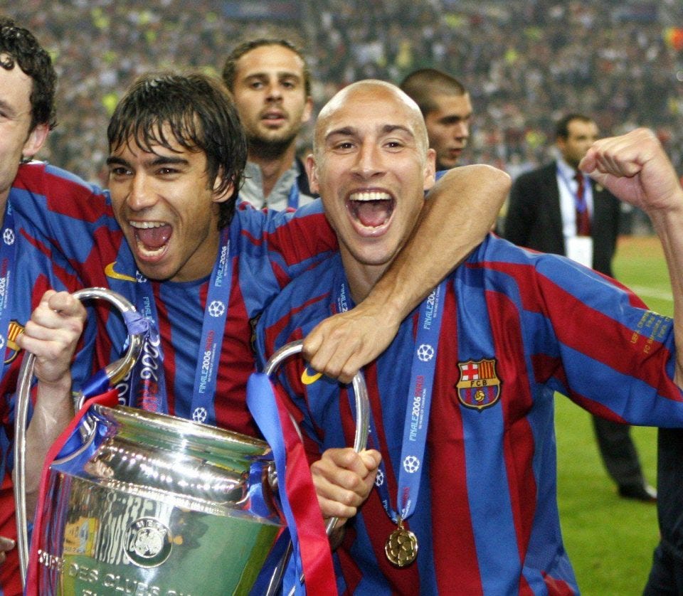 Henrik Larsson at Barcelona with the 2006 Champions League trophy