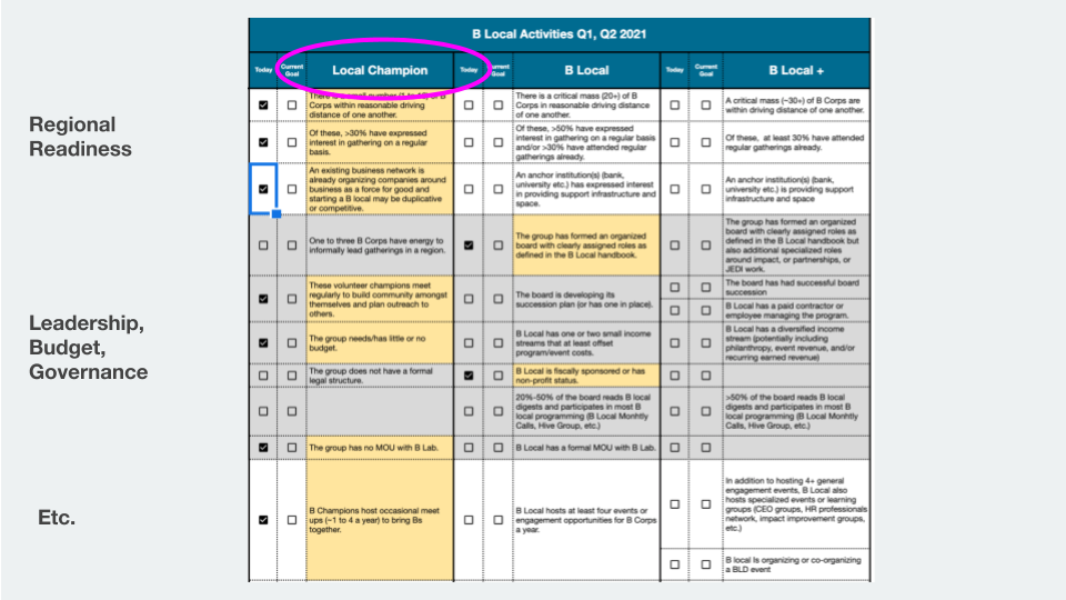 Example of a completed B Local Rubric with items checked off.