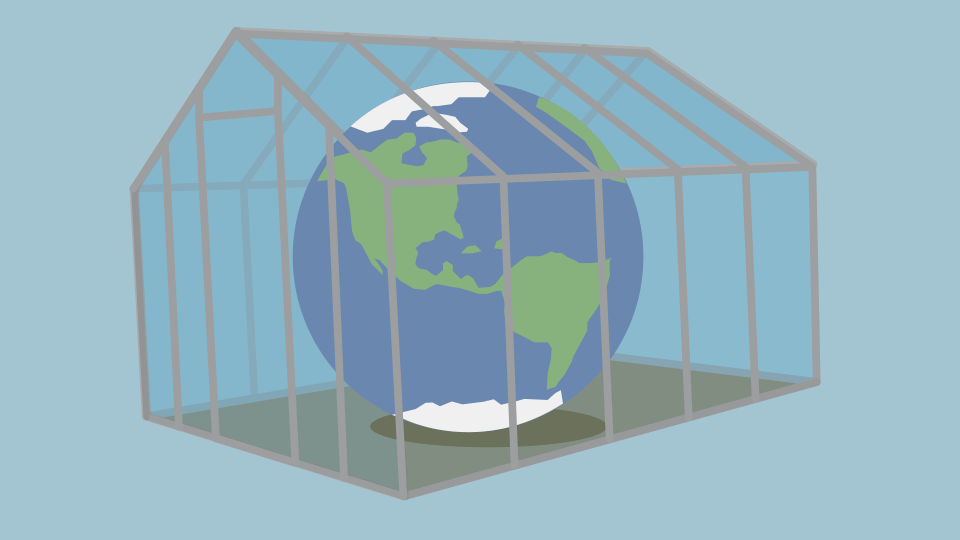 Imaginea reprezintă Pământul încadrat într-o seră cu pereți de sticlă.