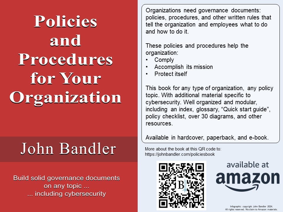 Infographic with QR code: Policies and Procedures for Your Organization: Build solid governance documents on any topic … including cybersecurity by John Bandler — Infographic