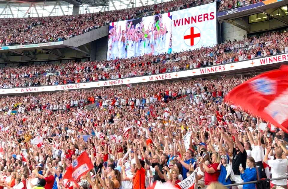 Women’s Euro’s Final 2022 Wembley Stadium Crowd and Big screen with England team collecting the cup