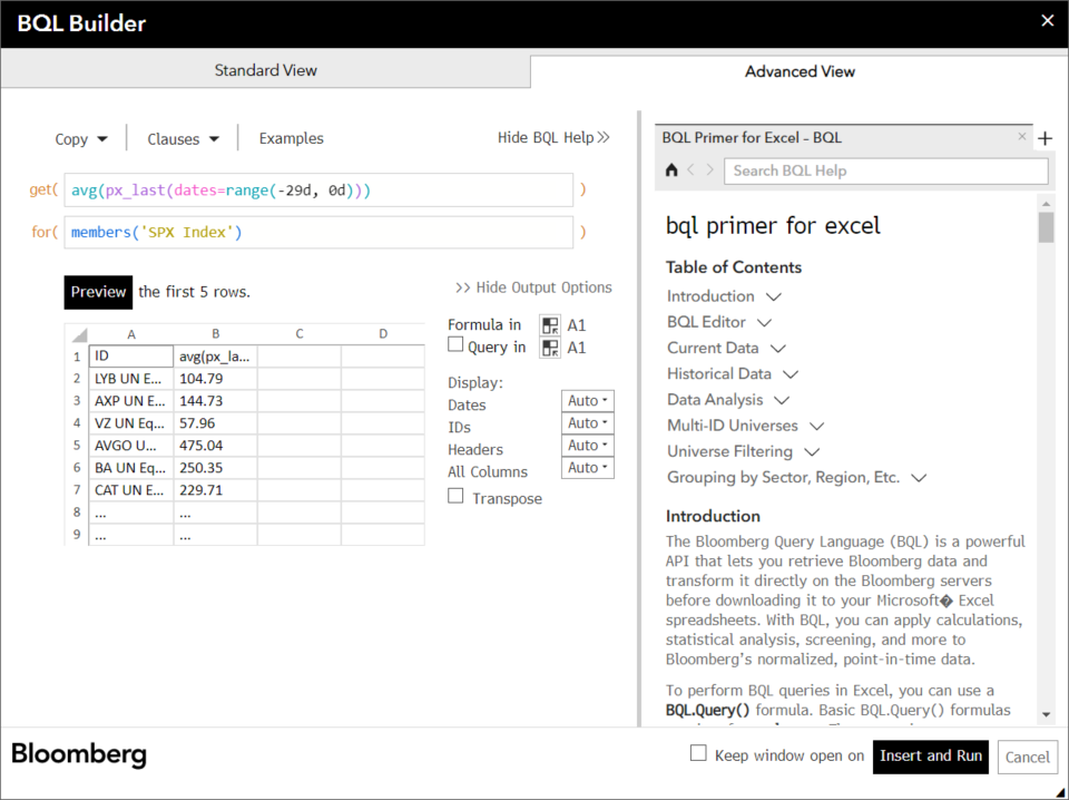 BQL Builder advanced view