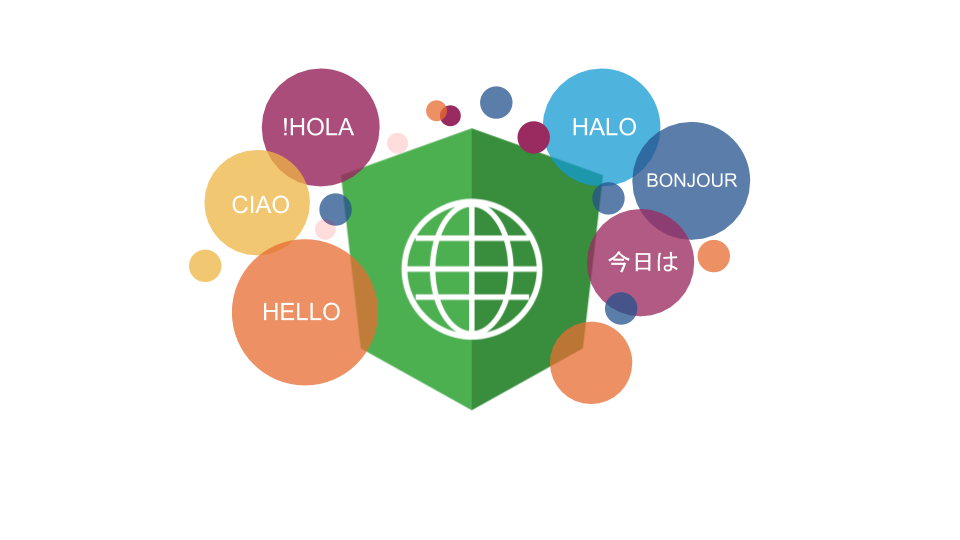 Angular i18n logo with colored circles featuring Hello in different languages.