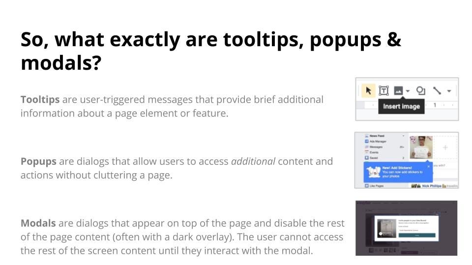 A slide from a presentation explaining what tooltips, popups, and modals are in a user interface.