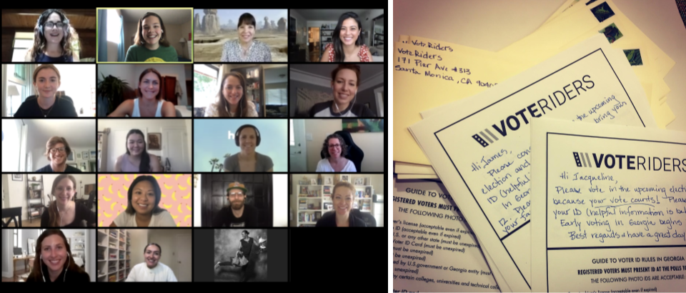 Screenshot of 18 team members smiling. Picture of hand-written letters from team members to potential voters.