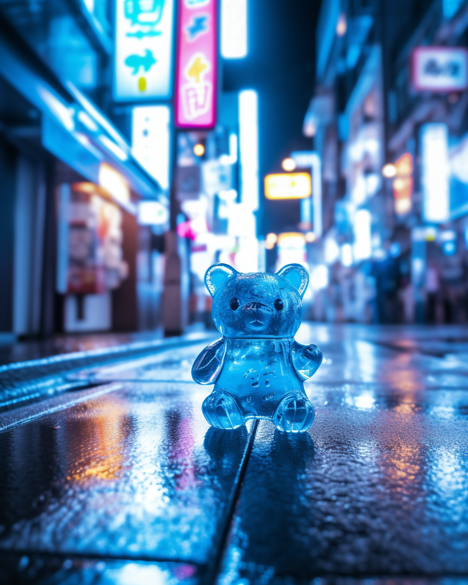 A photo taken with camera film of a little blue gummy bear walking down the streets of Tokyo by night, realistic — no human (by Isa)
