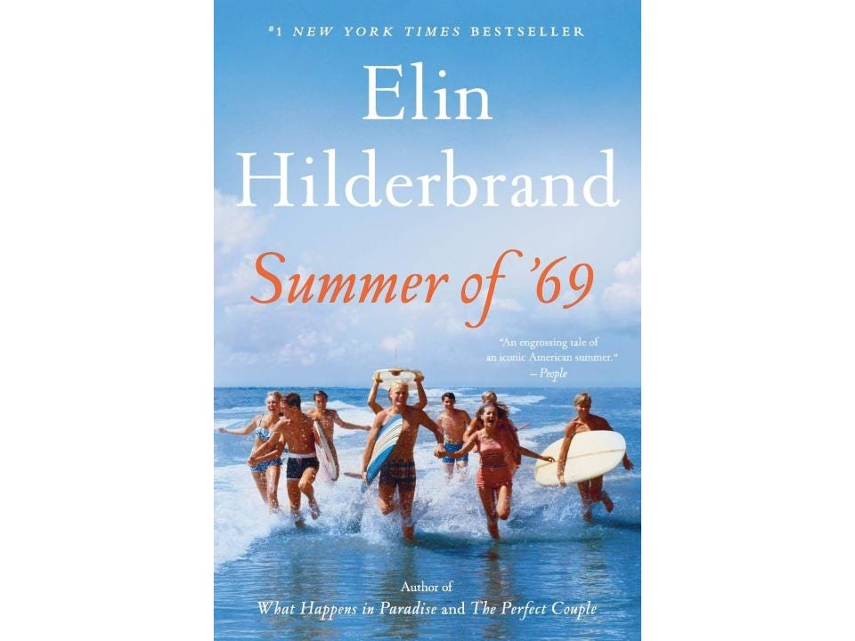 Book cover for “Summer for ‘69” depicting a group of people running on the beach with surfboards.