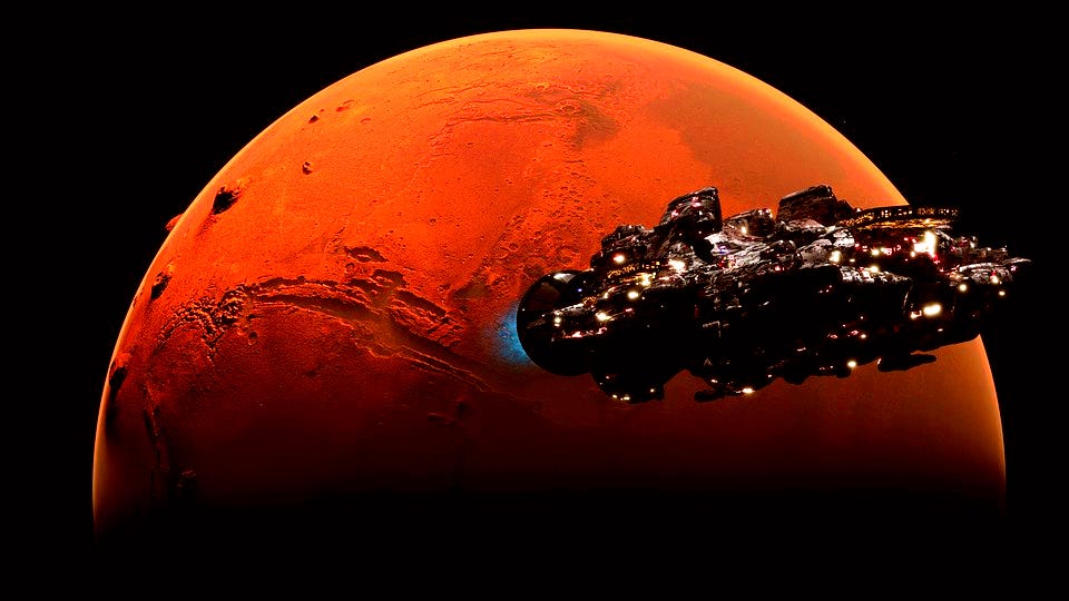 A spaceship carrying cargo on its journey to Mars