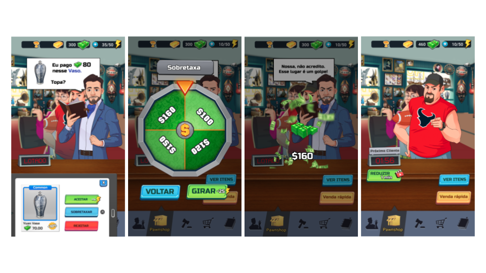 03 screen shots showing a negotiation feature, that happens when a customer wants to buy some treasure from your Pawnshop. From the Mobile Game Bid Wars Stars