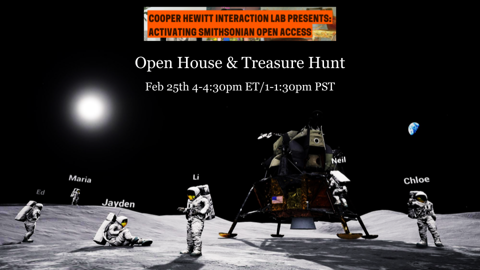 Players with astronaut avatars investigate a lunar surface. A replica of teh Apollo 11 lunar landing module is also in the right foreground. The sun is on the left side, the earth on the right side. The middle has text sharing about the open house event. February 25 Event Poster. Register to join us at https://asoa.sciencevr.com