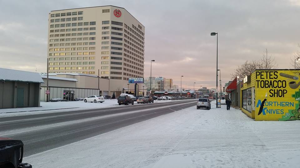 Downtown Anchorage, where it looks like it is nearly dusk when it is actually around noon