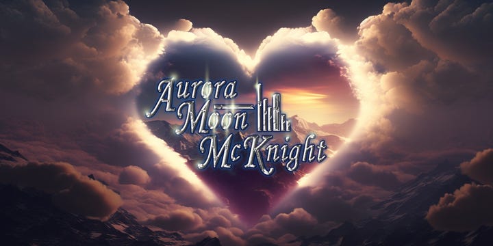 A glowing heart in the sky with a mountain inside, surrounded by clouds.