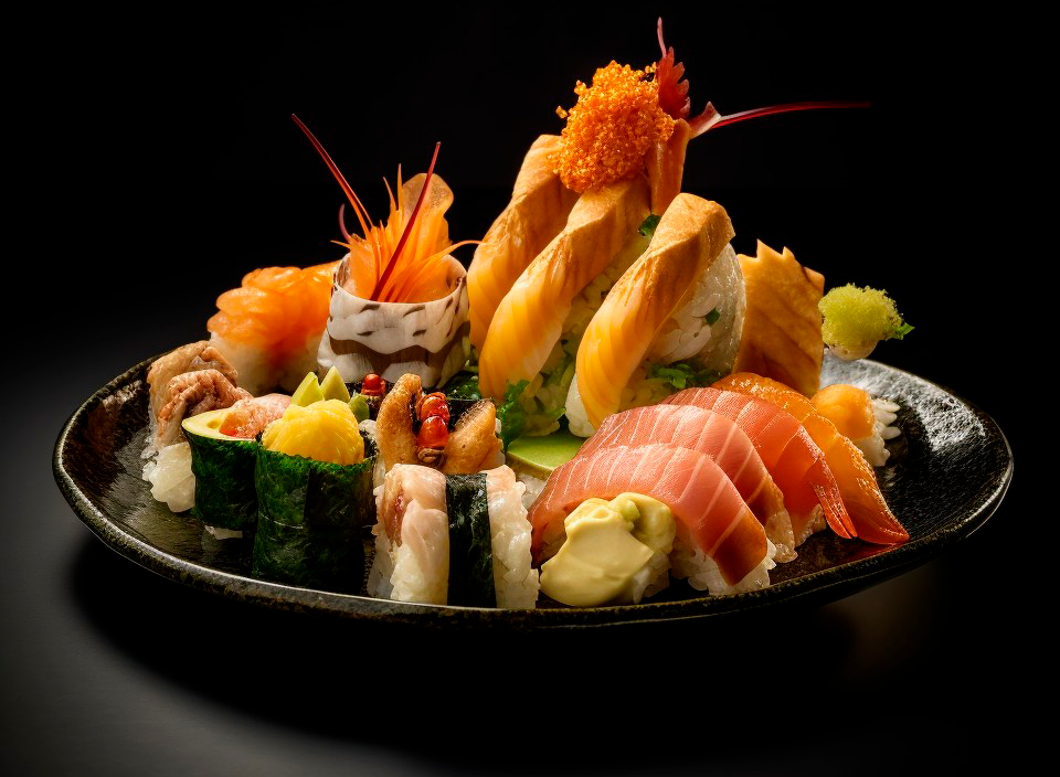 Imagem fotorrealista de um prato de comida japonesa com uma vasta variedade de alimentos típicos.