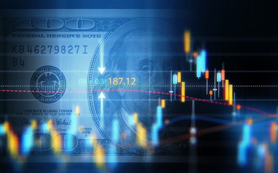 Artistic image of multicolored graph imposed over part of a U.S. $100 bill