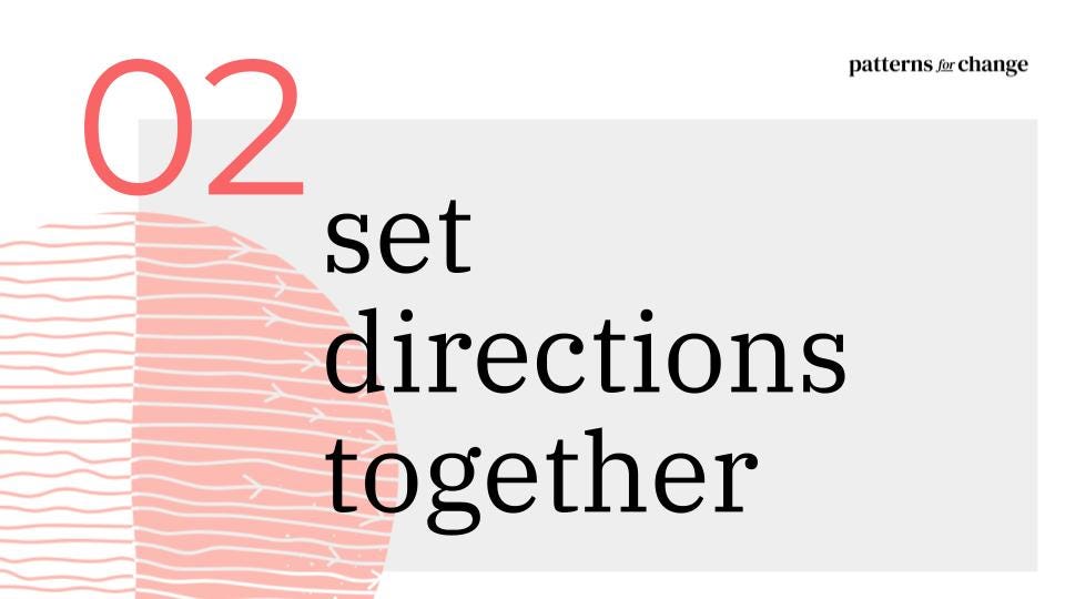 Patterns for Change behaviour 2: Set directions together written on a grey background with a red graphic circle covered by lines and arrows.