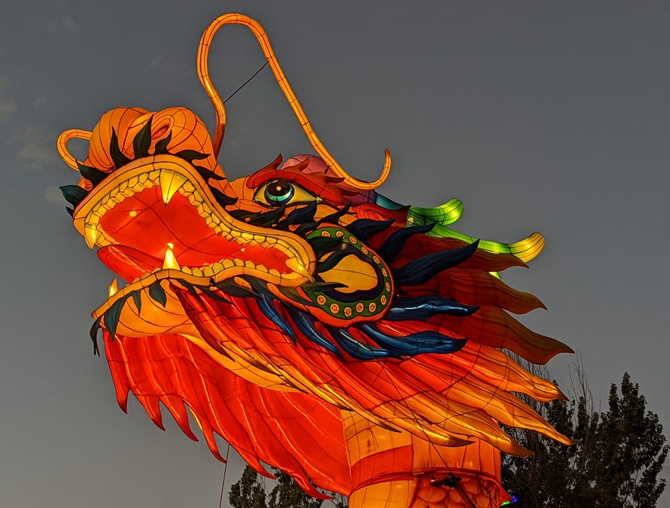 The dragon’s mighty head looms over the Dragon Lights Festival at the Wilbur D. May Arboretum and Botanical Gardens in Rancho San Rafael Park in Reno, Nevada (© Michael Kamerick)