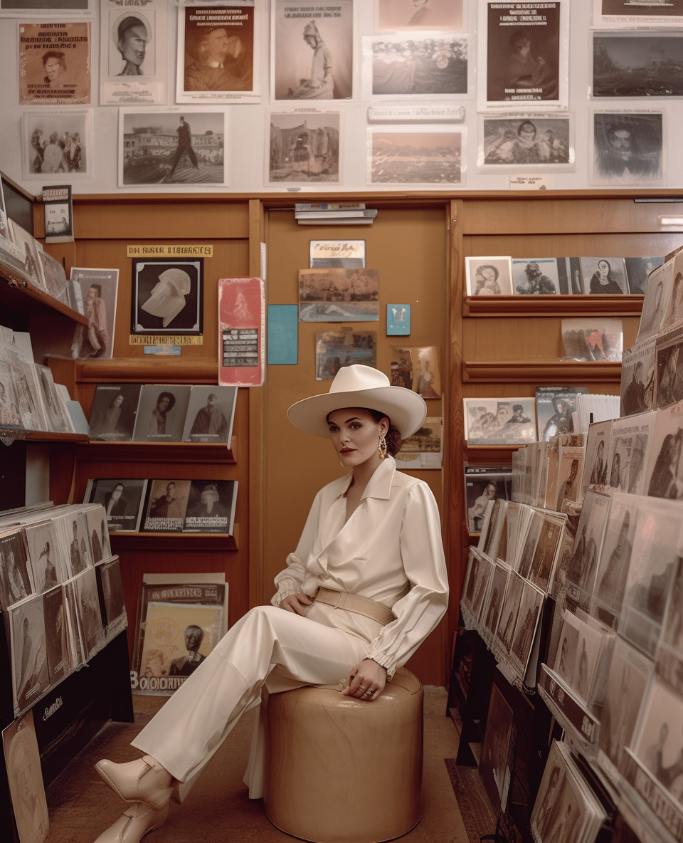 Woman in white silk outfit and cowboy hat sitting in a vintage record shop, with neutral colors and record-like objects, looking off into the distance, created with midjourney.