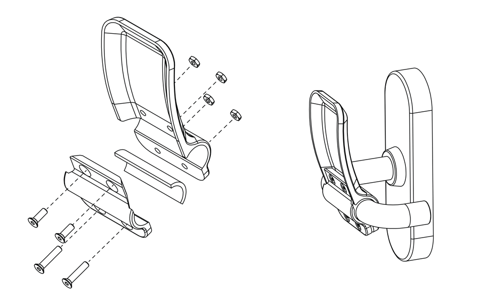 Blueprint of 3D hands free door opener. On the left, the screws and mothers’ setup, on the right mounted on a door handle