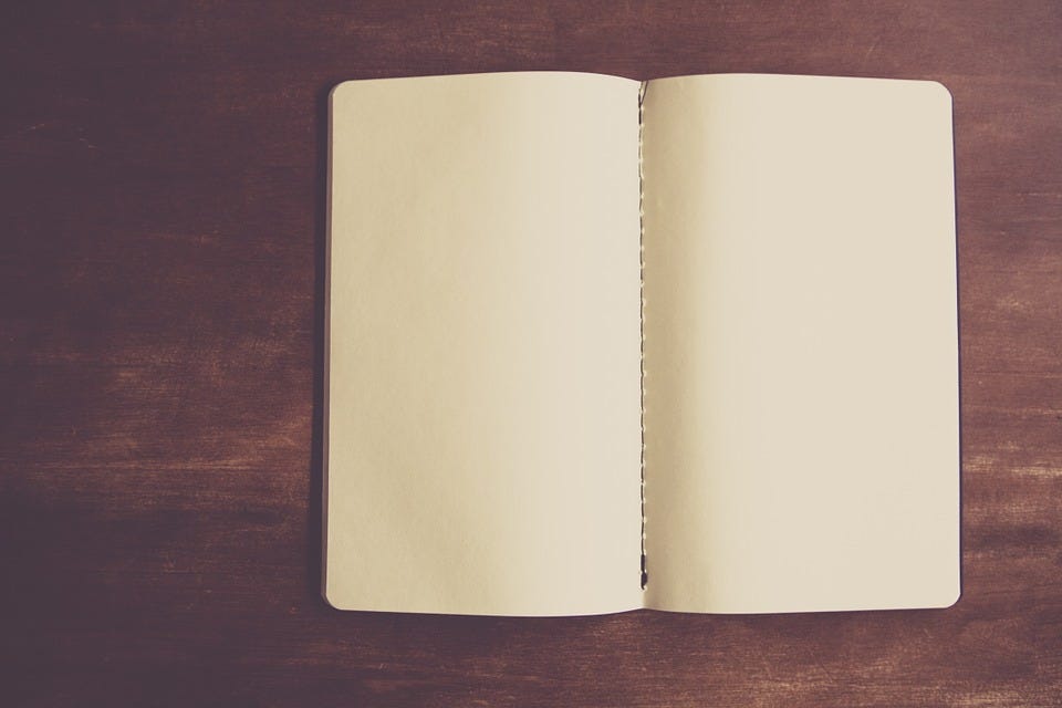 A blank notebook on a wooden desk.