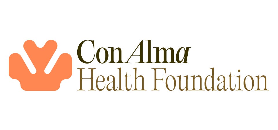 Con Alma Health Foundation Logo with a stylized yucca resembling a heart in a dark coral color on the left and Con Alma Health Foundation lettering in two shaded of brown on the right.