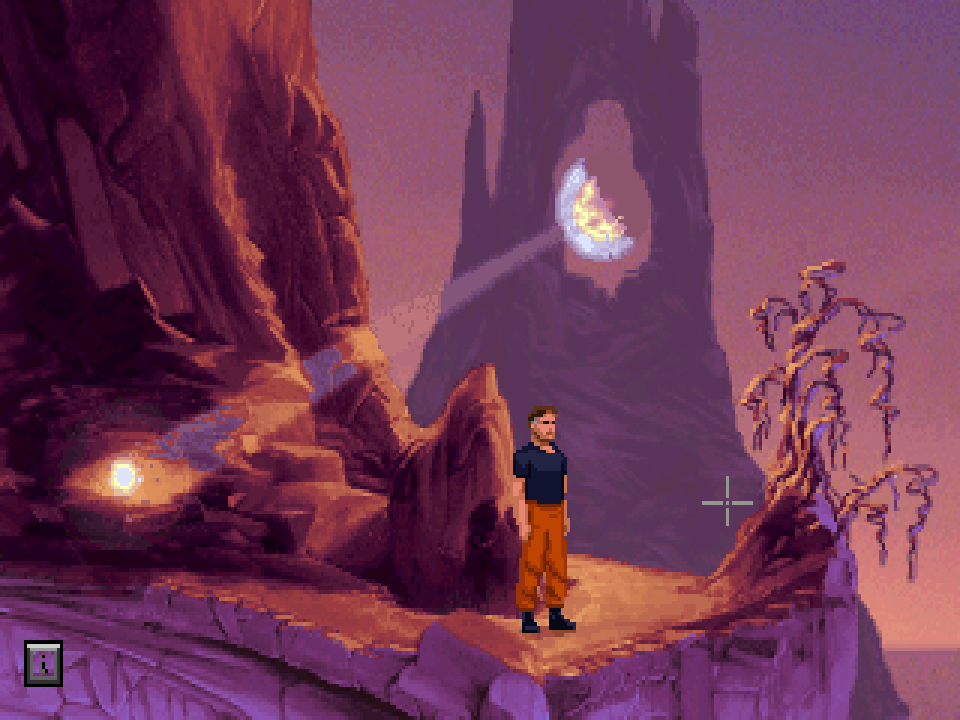 Tela do jogo DIG, com o personagem ao centro em um cenário pertencente a outro planeta.