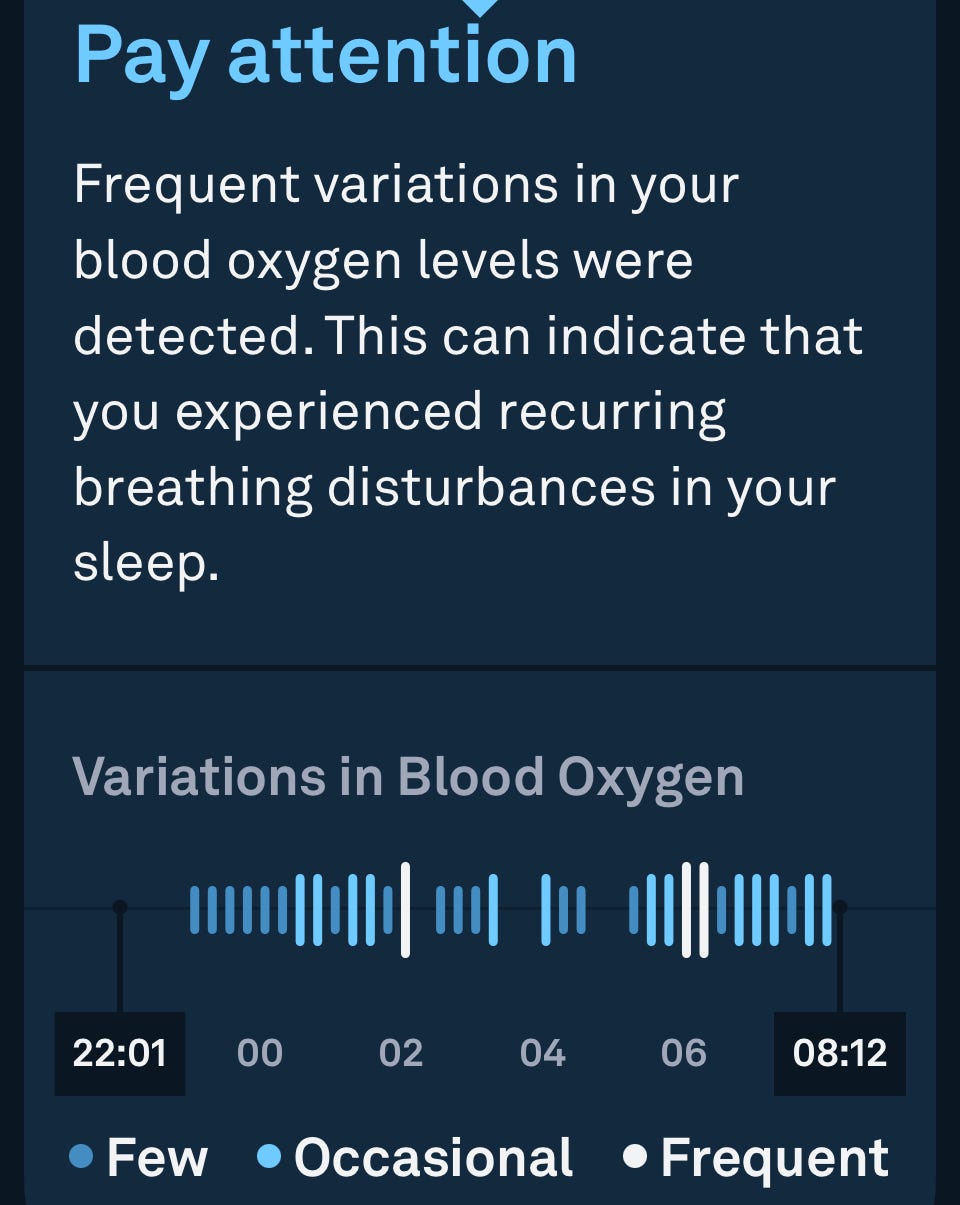 Pay attention: Frequent variations in your blood oxygen levels were detected. This can indicate that you experienced recurring breathing disturbances in your sleep. Variations in blood oxygen lines showing the number of variations pver time. the most variation took place at 2am and 6am