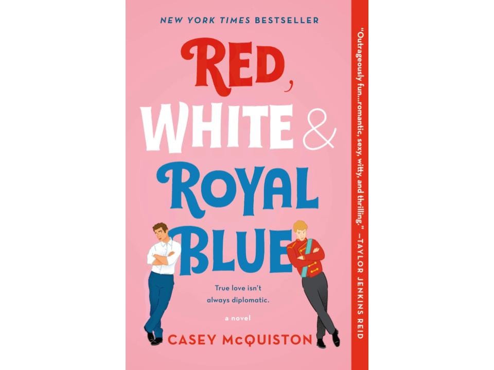 Book cover for “Red, White & Royal Blue” depicting two illustrated men.