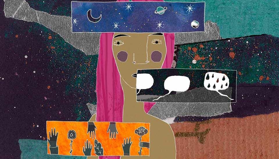 A colourful abstract illustration of a human face with long hair & elements in boxes: speech bubbles, night sky, hands.
