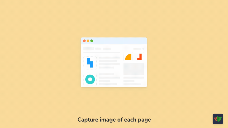 Animated illustration, where each frame is labeled Capture image of each page, compare page to previous versions, Pinpoint UI changes