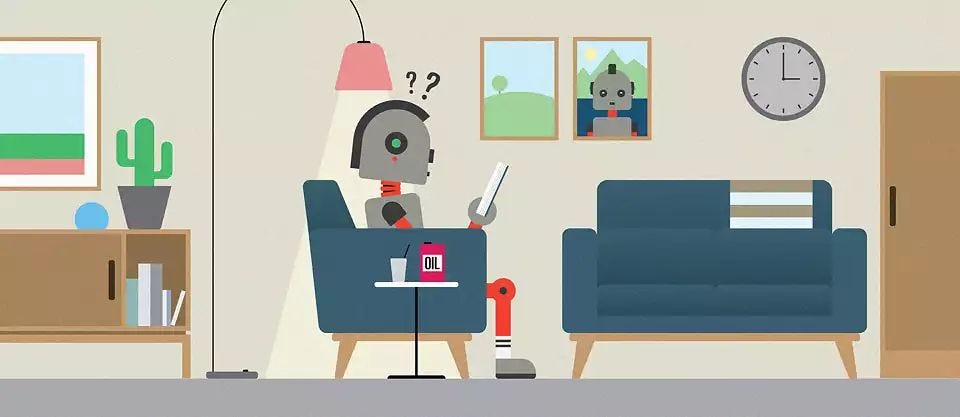 Illustration of Robot sitting in living room and reading