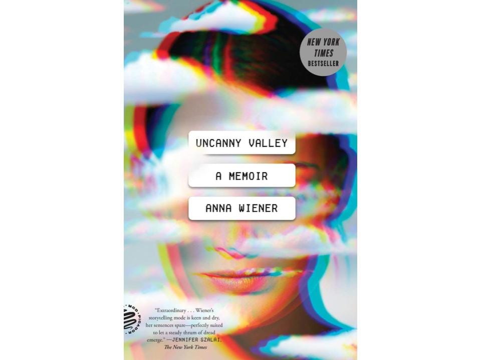 Book cover for “Uncanny Valley” depicting a face with the eyes covered and clouds.